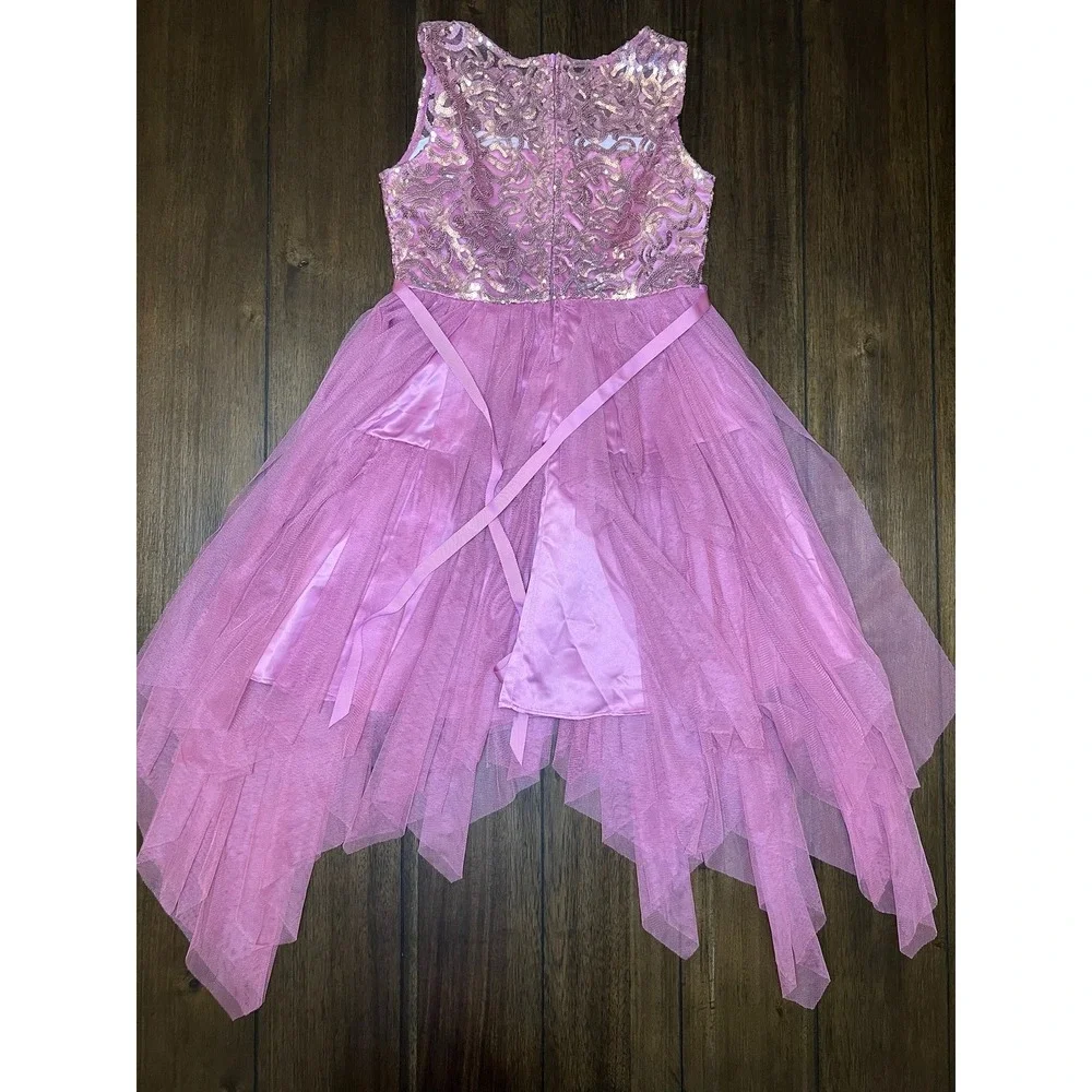 Rare Editions Girls Pink Sequin Tulle Handkerchief Hem‎ Party Dress Size 12